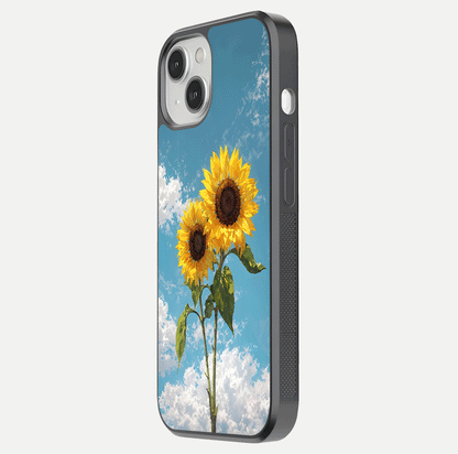 Sunflower Sky Bloom Glass Case for iPhone 13 Mini side-angle image showing reflection, edges, and sunflower color