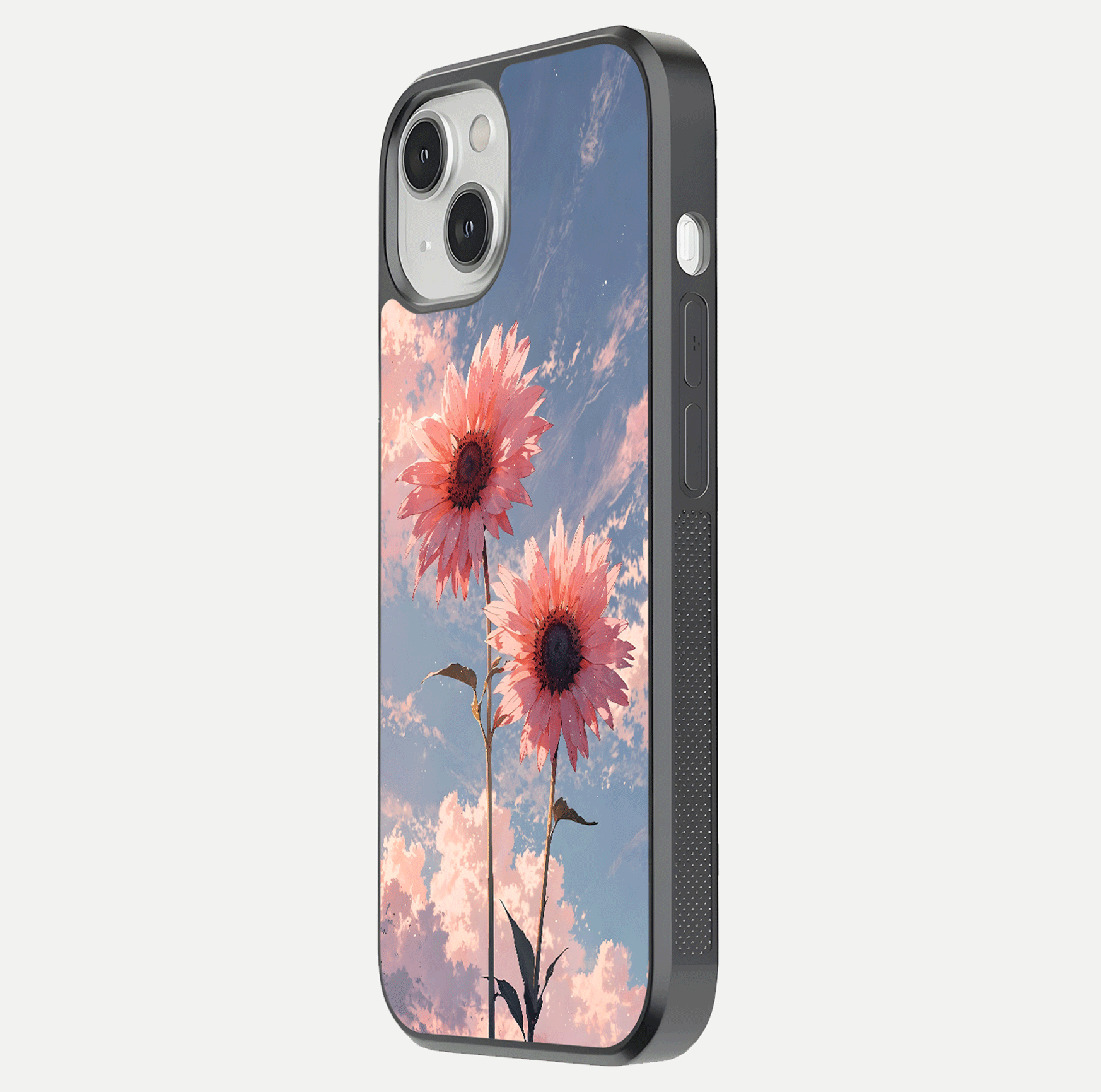 Sunlit Daisy Glow Glass Case for iPhone 13 Mini side-angle image showing shine, gloss, and floral highlight