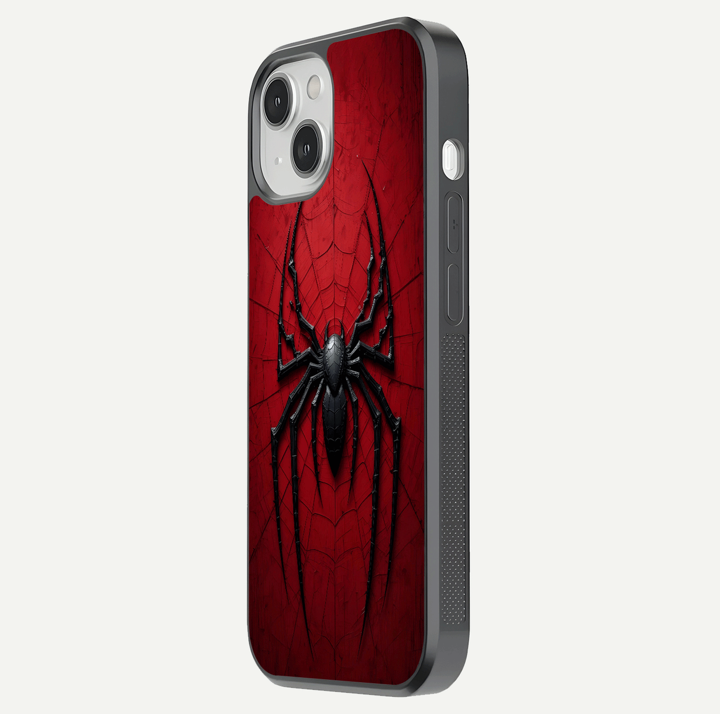 Venom Web Emblem Glass Case for iPhone 13 Mini side-angle image showing reflection and dark color tones