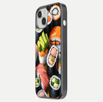 Sushi Food Pattern Glass Case for iPhone 13 Mini side-angle image showing shine, gloss, and sushi artwork