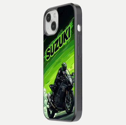 Suzuki Speed Beast Glass Case for iPhone 13 Mini side-angle image showing reflection, gloss, and car detailing