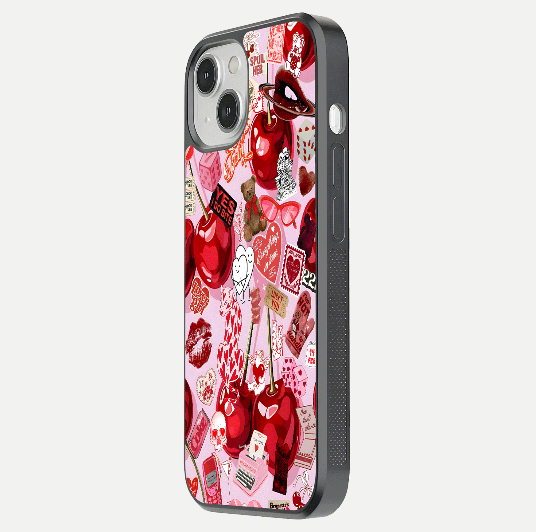 Sweet Cherry Chaos Glass Case for iPhone 13 Mini side-angle image showing shine, gloss, and cherry details