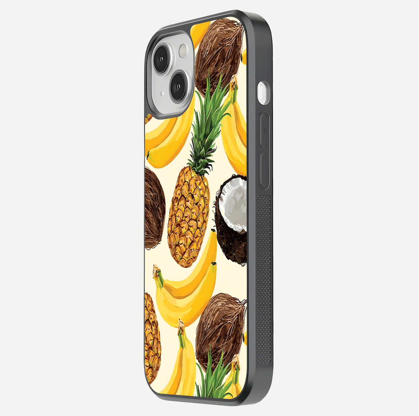 Tropical Fruit Mood Glass Case for iPhone 13 Mini side-angle image showing reflection, gloss, and fruit details
