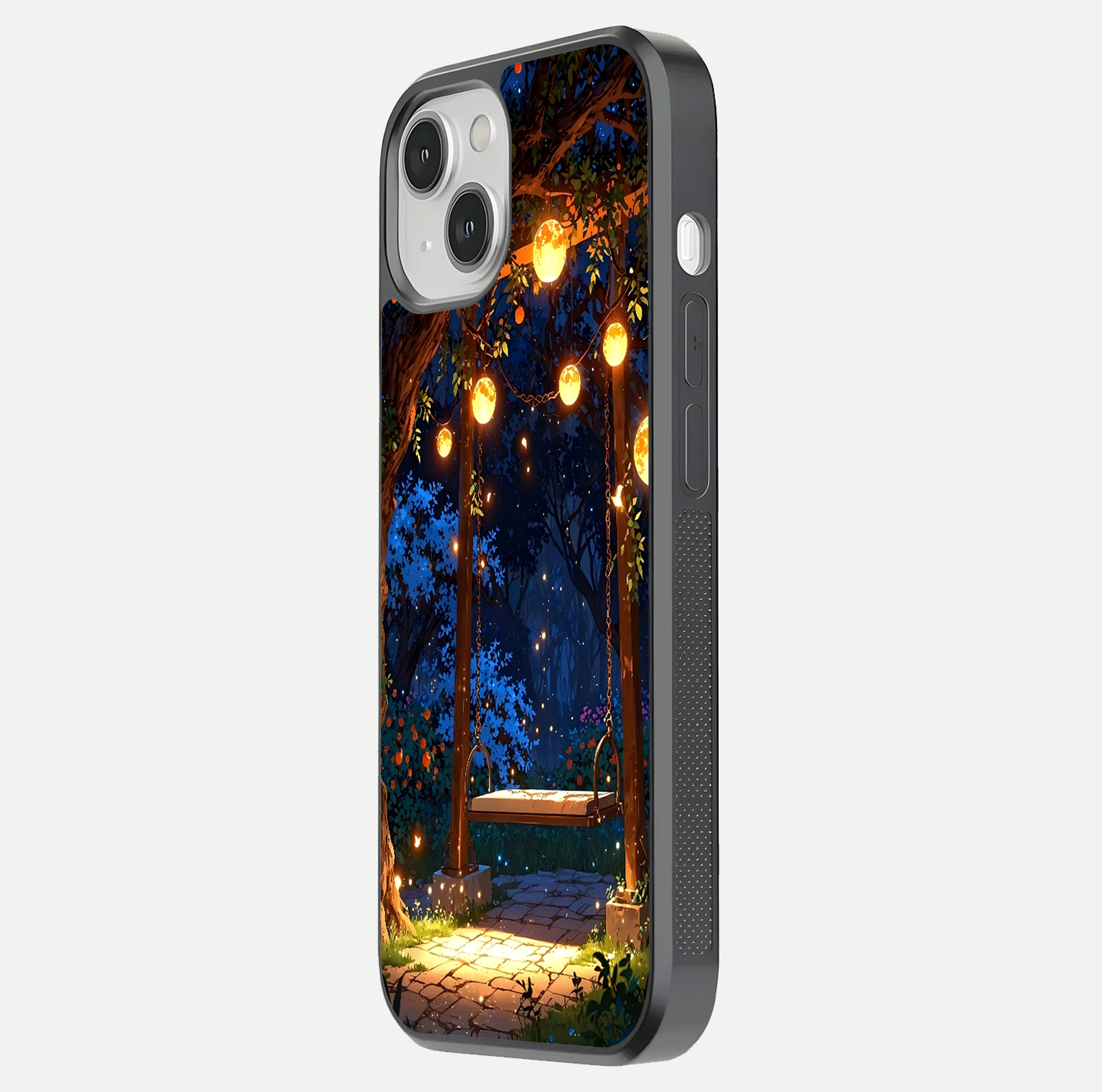 Twilight Garden Swing Glass Case for iPhone 13 Mini side-angle image showing reflection, gloss, and scenic depth