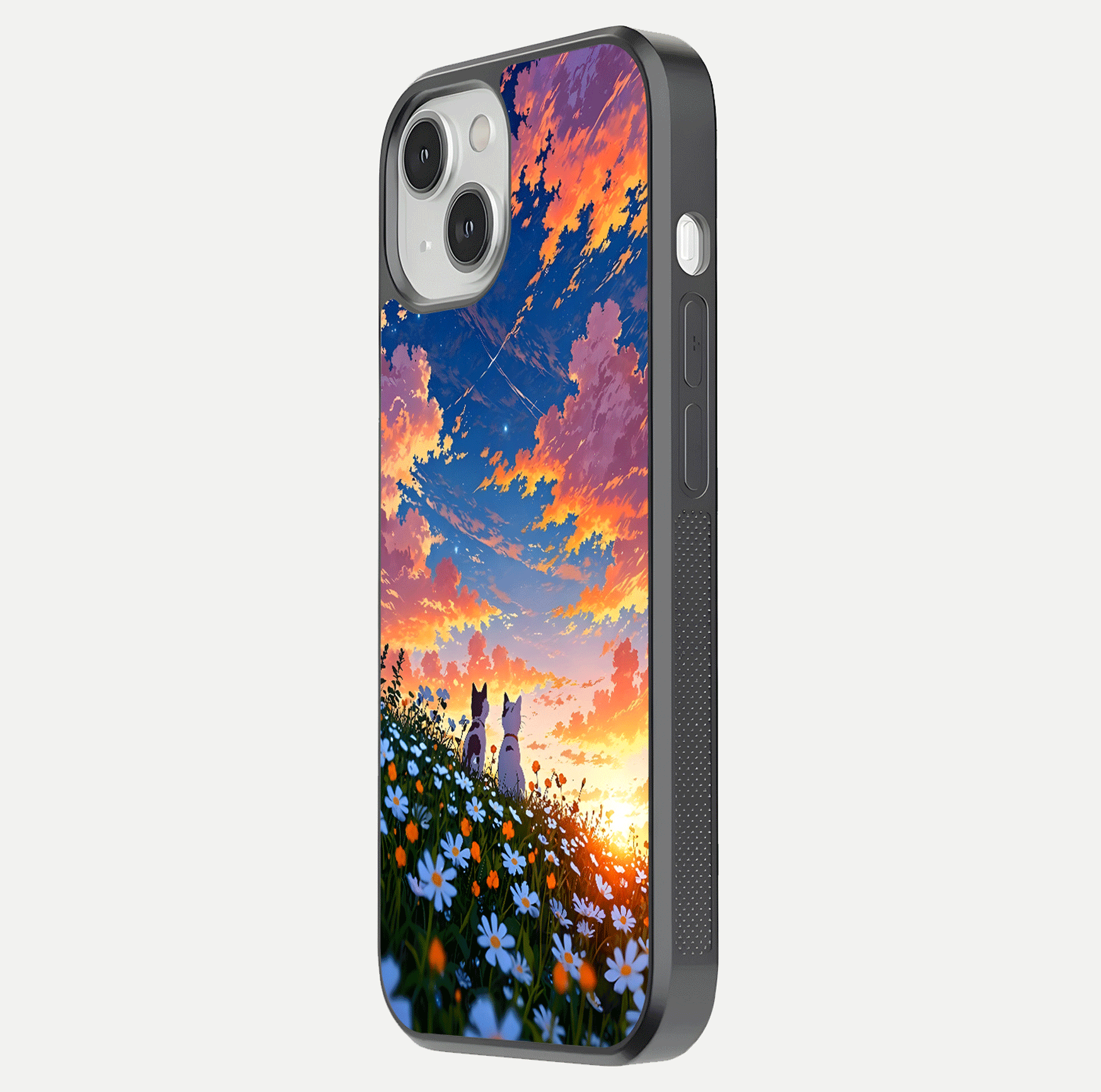 Two Cats Friends Glass Case for iPhone 13 Mini side-angle image showing reflection, gloss, and color depth