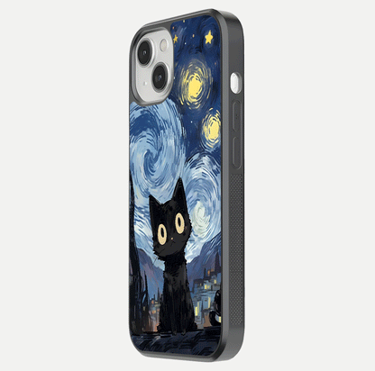 Van Gogh Cat Glass Case for iPhone 13 Mini side-angle image showing light reflection and vivid artwork