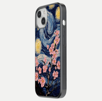 Van Gogh Scenery Glass Case for iPhone 13 Mini side-angle image showing shine, gloss, and scenic color palette