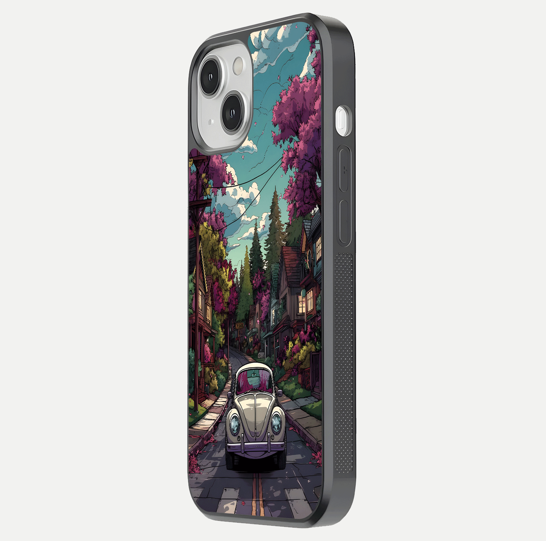Vintage Street Drive Glass Case for iPhone 13 Mini side-angle image showing gloss reflection and design detail