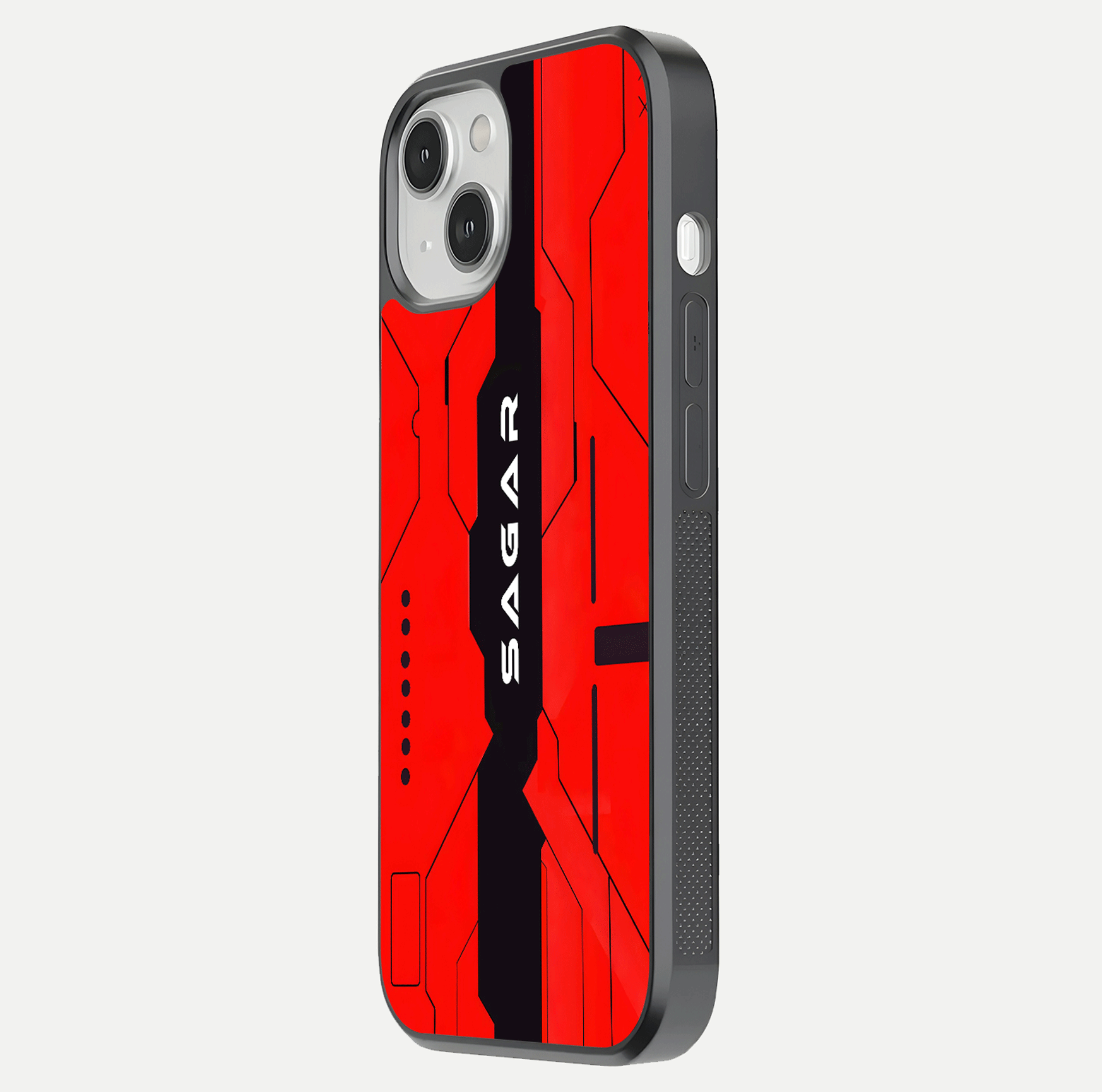 Voltage Rise CYBERPUNK Custom Name Glass Case for iPhone 13 Mini side-angle image showing gloss and cyberpunk detail