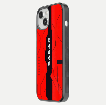 Voltage Rise CYBERPUNK Custom Name Glass Case for iPhone 13 Mini side-angle image showing gloss and cyberpunk detail