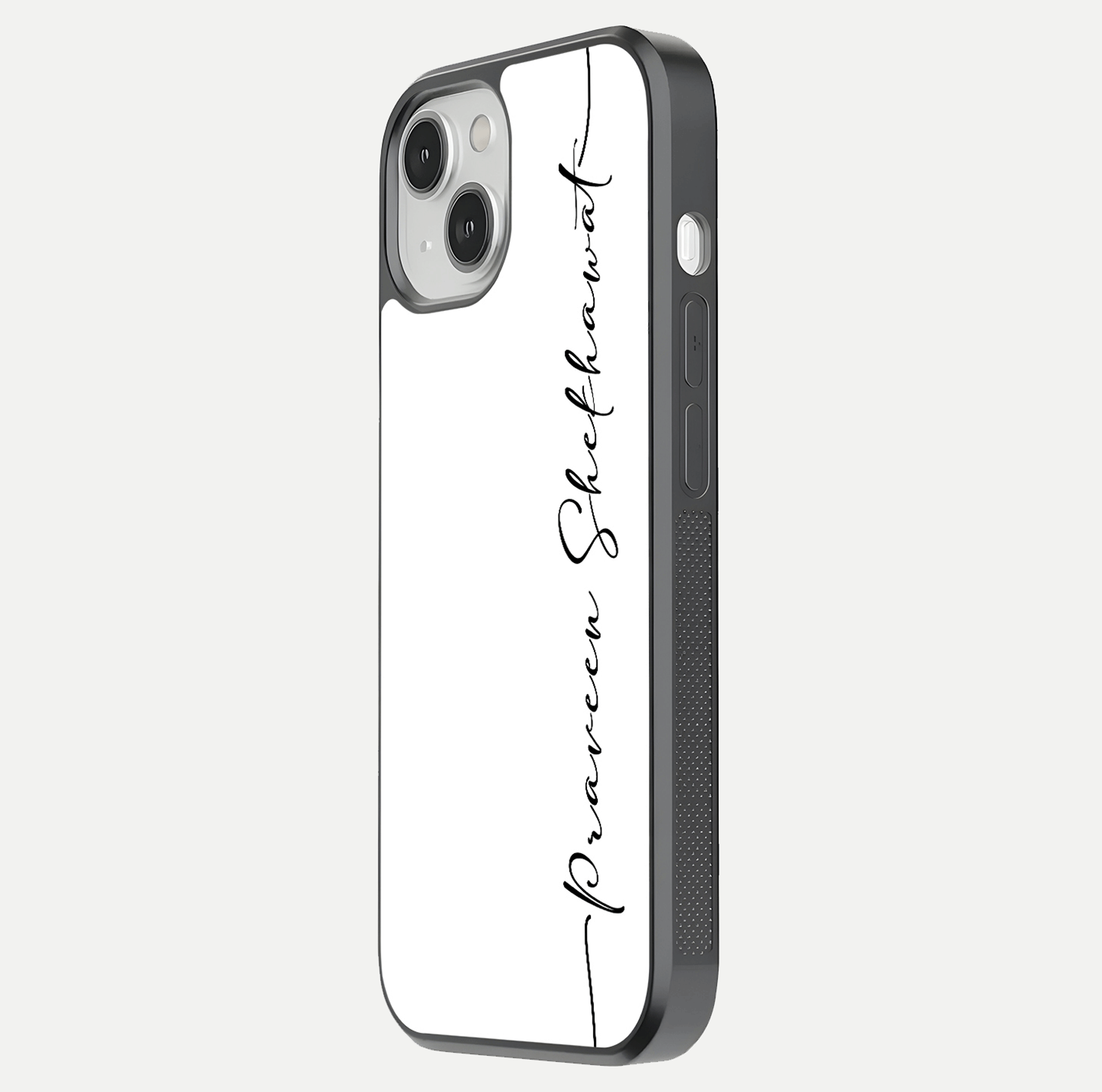 White Tune Custom Name Glass Case for iPhone 13 Mini side-angle image showing shine, gloss, and minimal tone