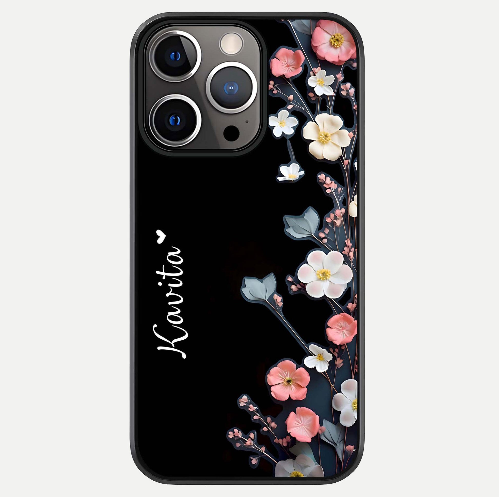 Black Elegance Floral Custom Name Glass Case For iPhone 13 Pro by Custom World