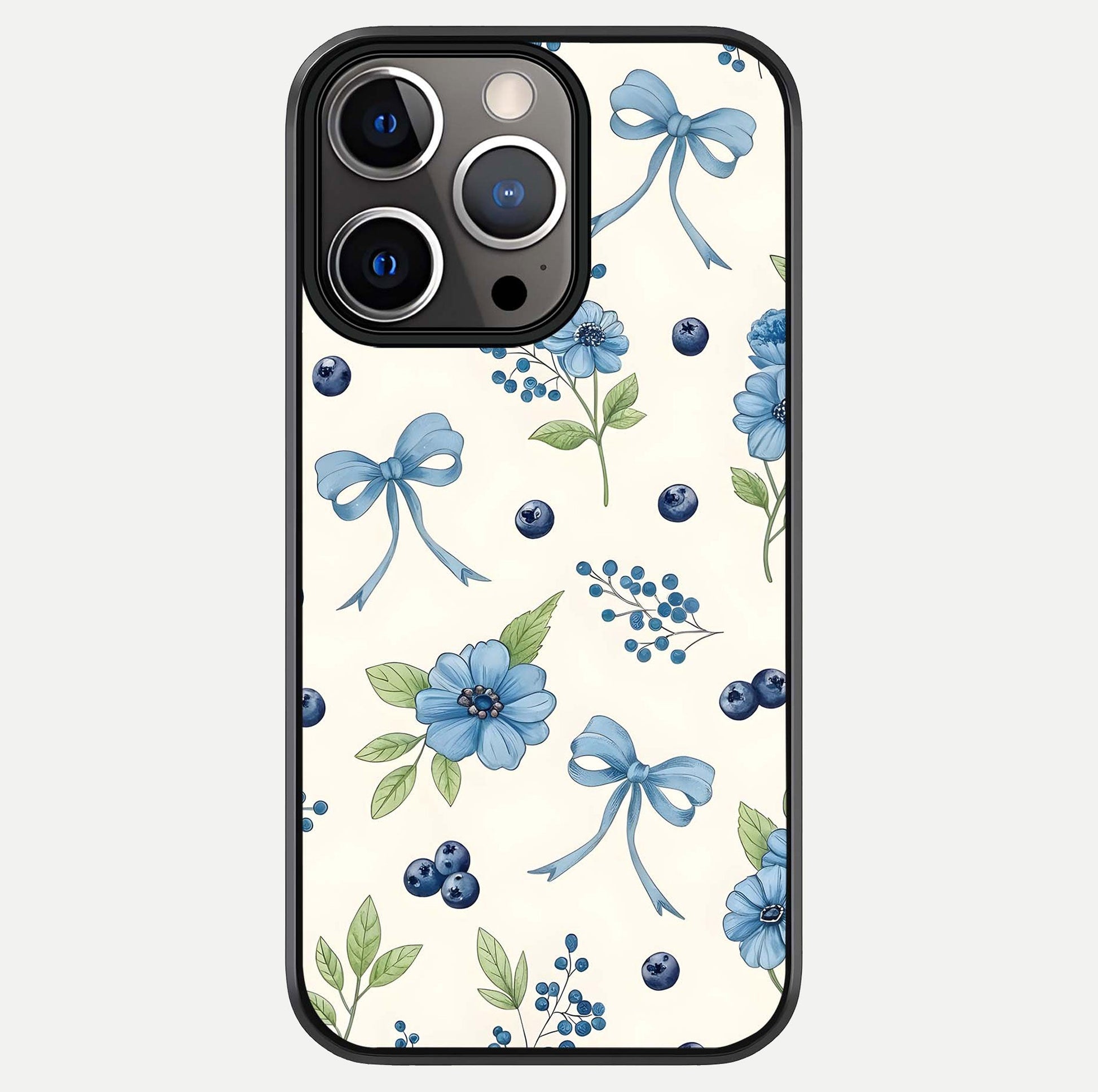 Blue Flower & Bow Glass Case For iPhone 13 Pro by Custom World