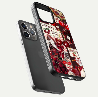 Aesthetic Cherry Tea Glass Case for iPhone 16 Pro floating dual-view mockup showing edge design and detailed cherry pattern gloss texture