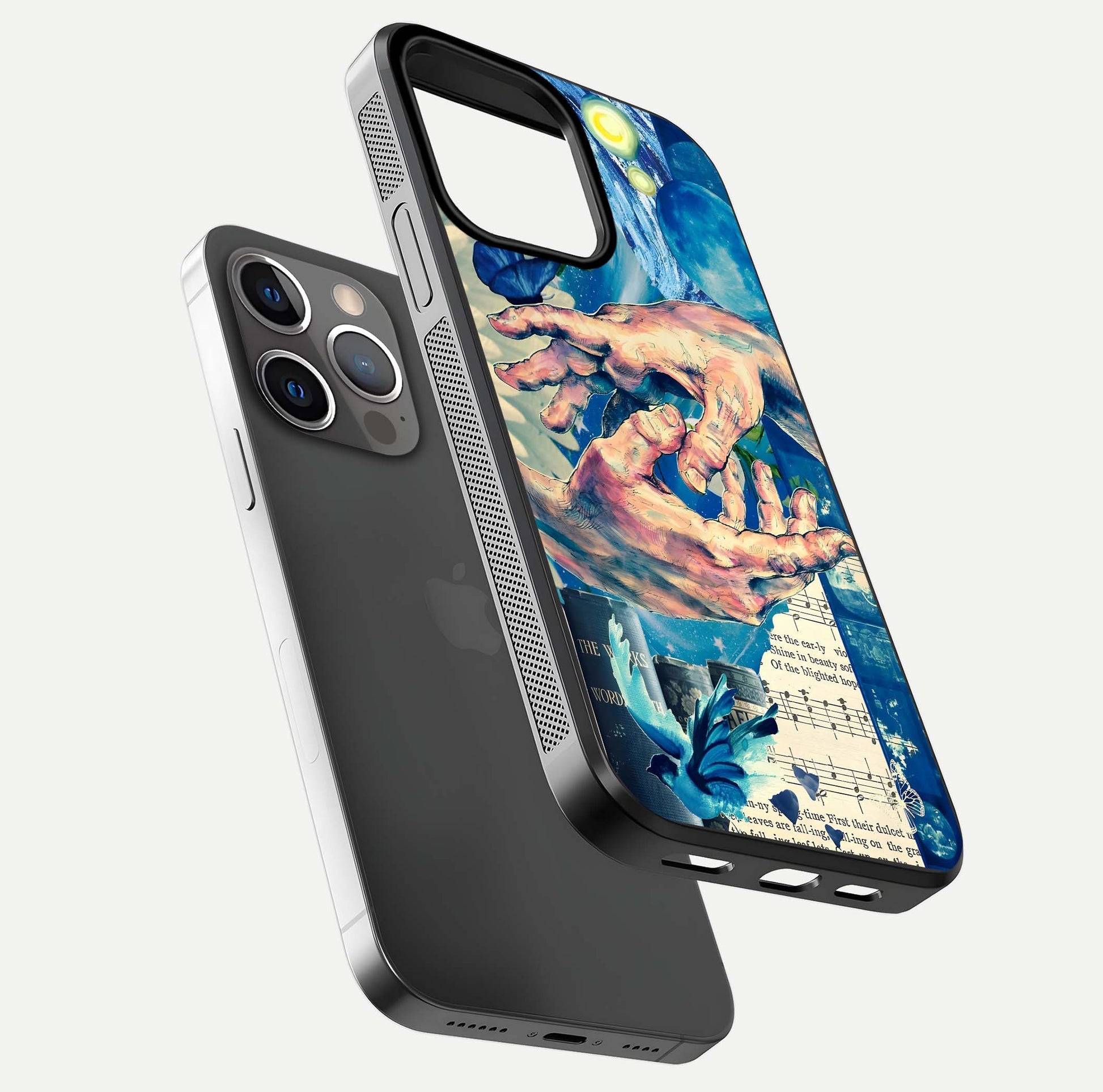 Aesthetic Divider Glass Case for iPhone 16 Pro floating dual-view mockup showing edge design and detailed divider gloss texture