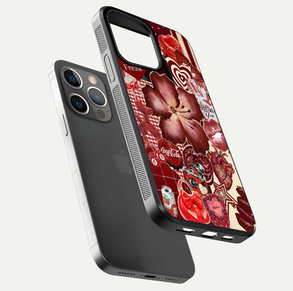 Aesthetic Little Freak Glass Case for iPhone 16 Pro floating dual-view mockup showing edge design and detailed collage gloss texture