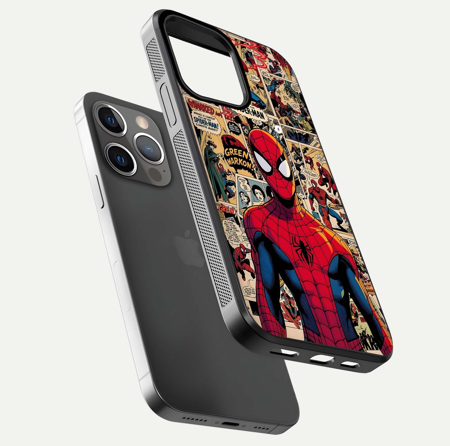 Aesthetic Spider Man Glass Case for iPhone 16 Pro floating dual-view mockup showing edge design and detailed Spider-Man gloss texture