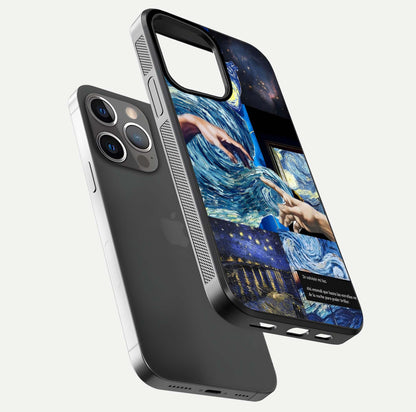 Aesthetic Vando Hands Glass Case for iPhone 16 Pro floating dual-view mockup showing slim edge profile and high-definition gloss