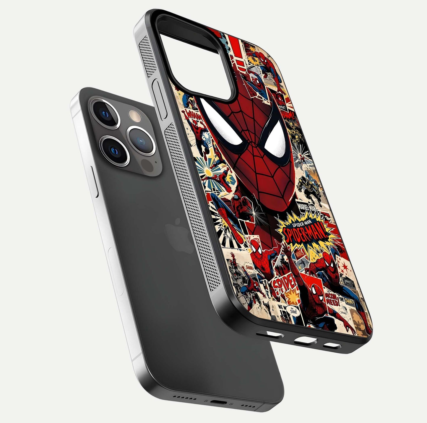 Aesthetic Wonder Spider Glass Case for iPhone 16 Pro floating mockup emphasizing superhero art and glossy reflection