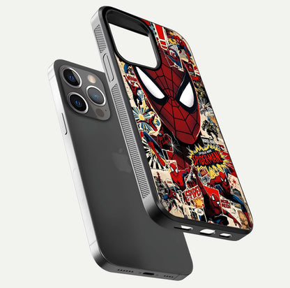 Aesthetic Wonder Spider Glass Case for iPhone 16 Pro floating mockup emphasizing superhero art and glossy reflection