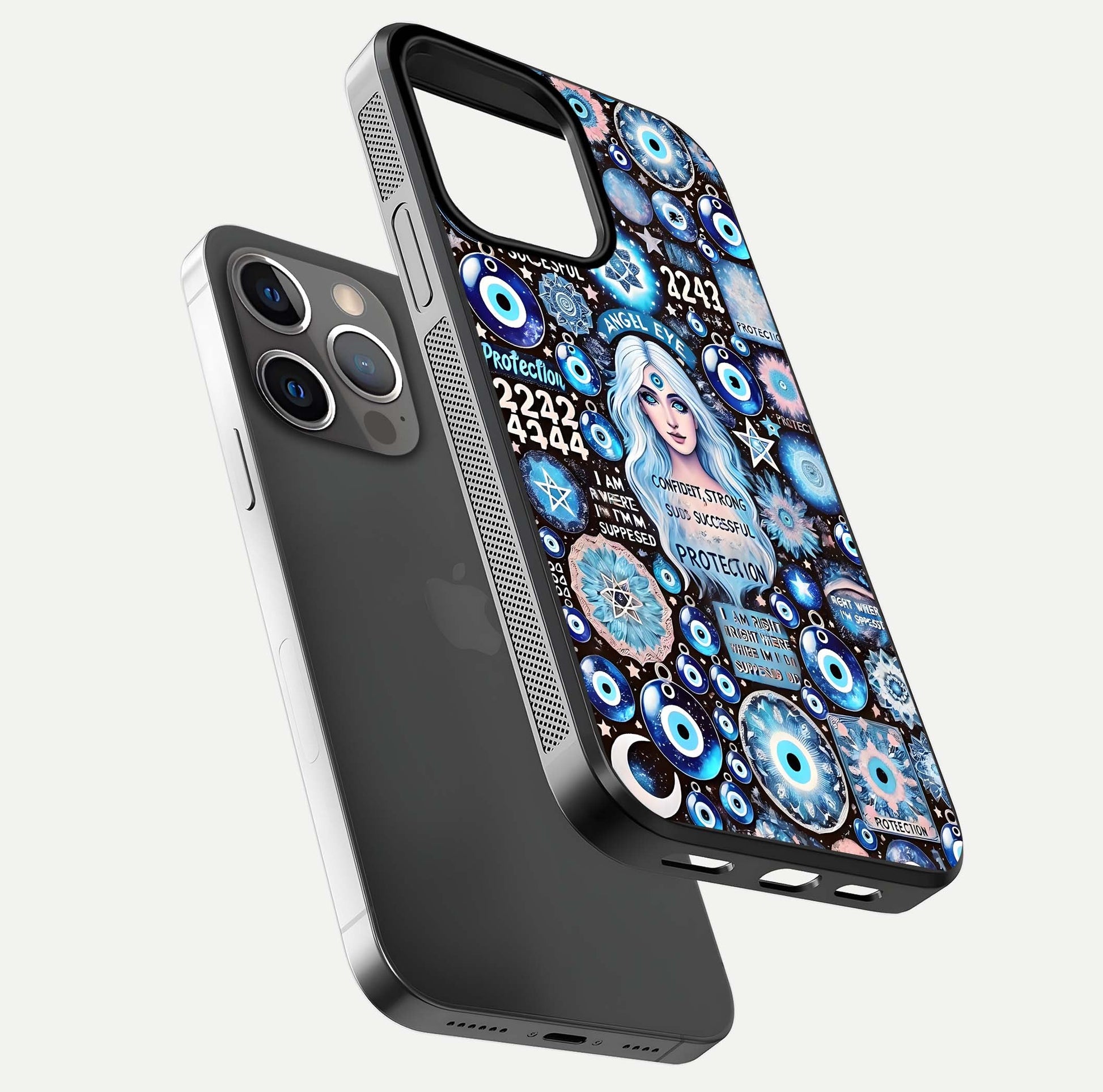 Angel Aura Shield Glass Case for iPhone 16 Pro floating angle showing light reflection and protective edge structure