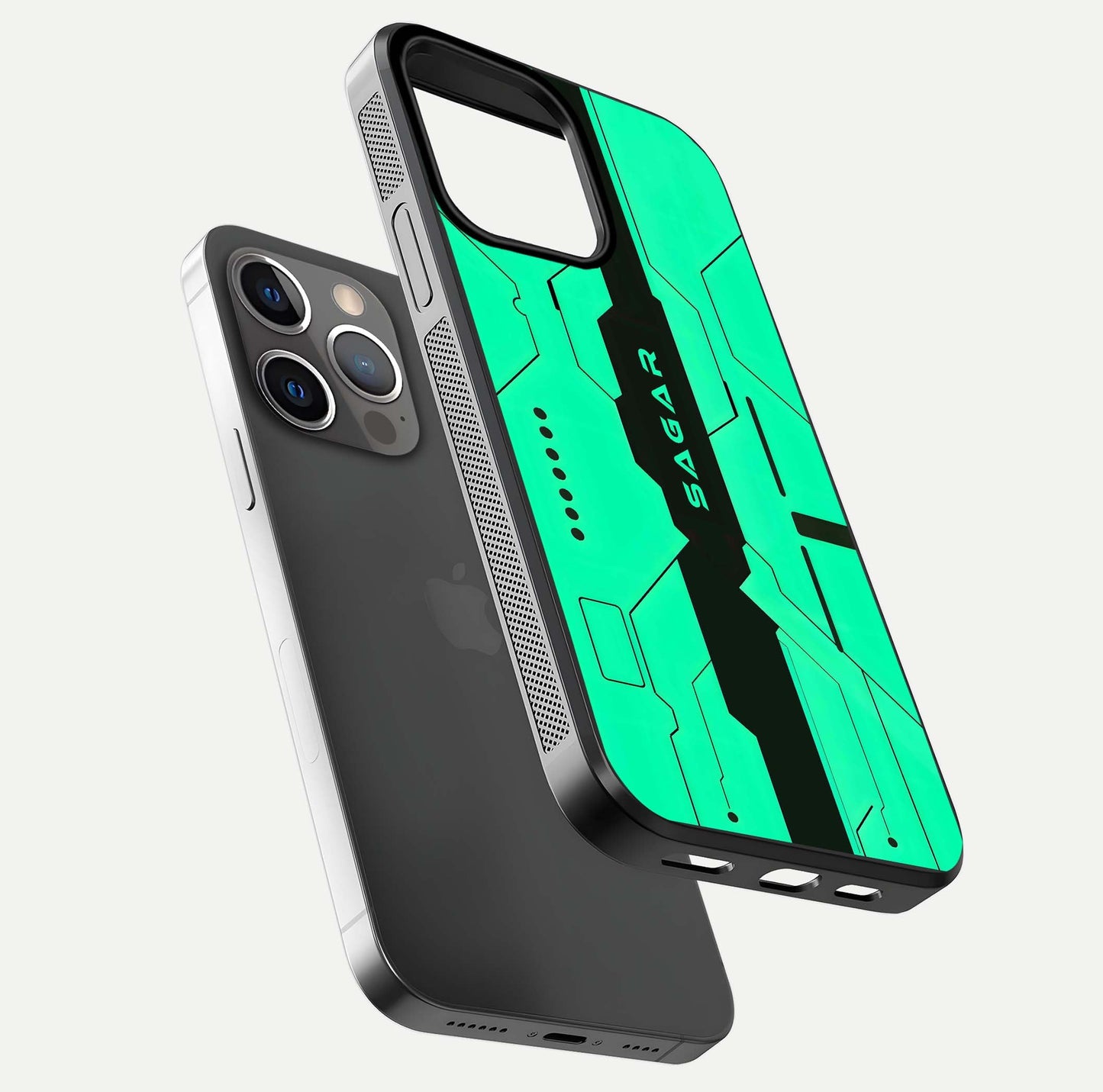 Aqua Tech CYBERPUNK Custom Name Glass Case for iPhone 13 Pro floating mockup highlighting name customization area