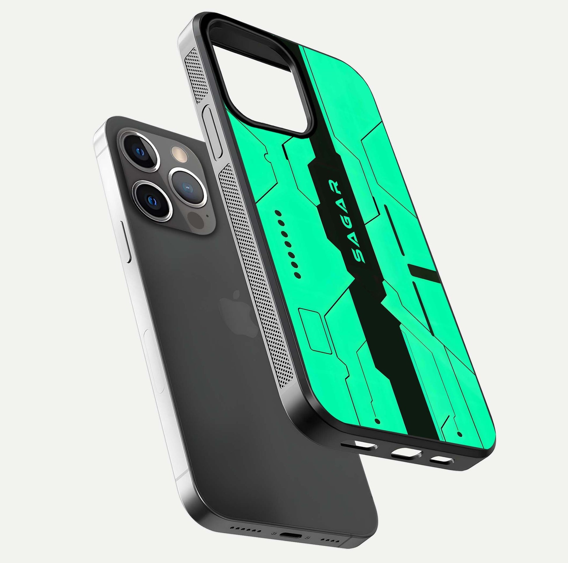 Aqua Tech CYBERPUNK Custom Name Glass Case for iPhone 13 Pro floating mockup highlighting name customization area