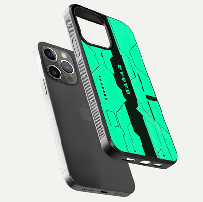 Aqua Tech CYBERPUNK Custom Name Glass Case for iPhone 13 Pro floating mockup highlighting name customization area