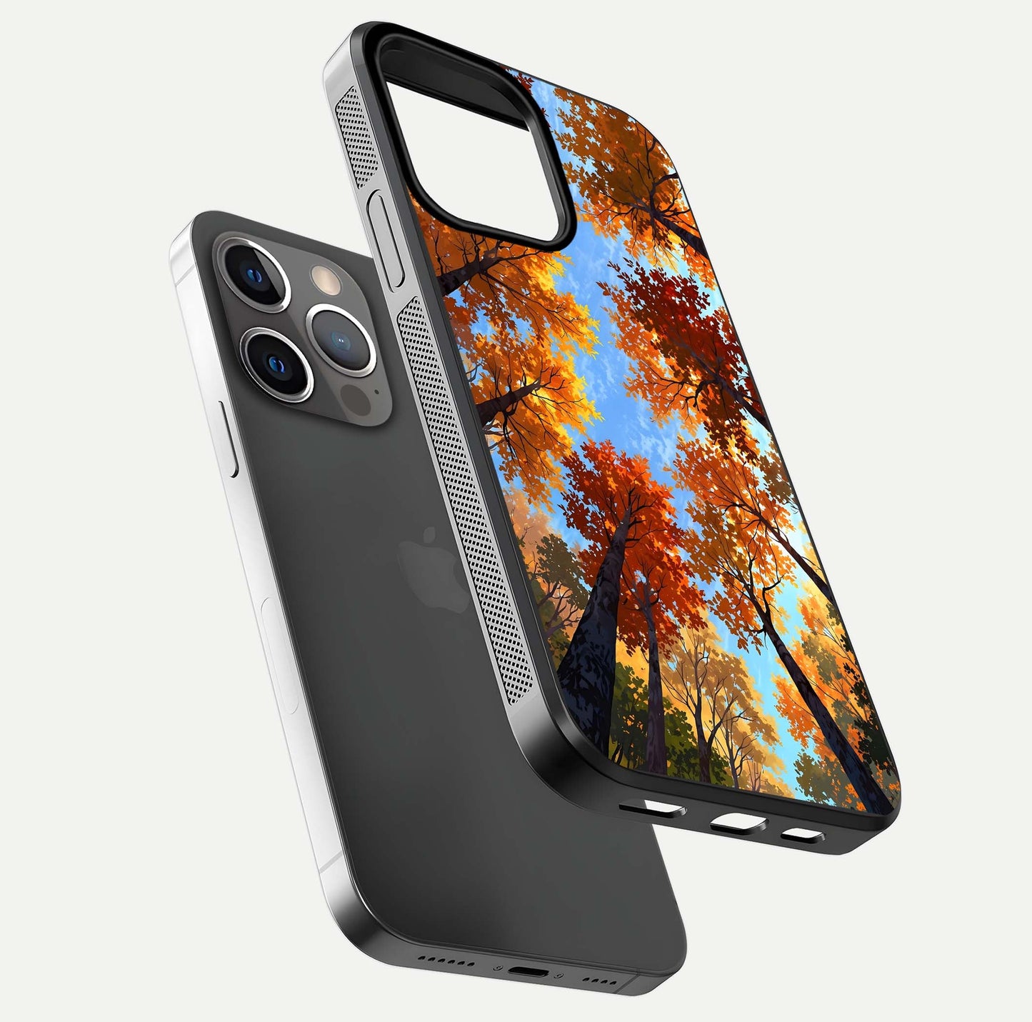 Autumn Sky Rise Glass Case for iPhone 13 Pro floating dual-view mockup with sky horizon and glossy highlights