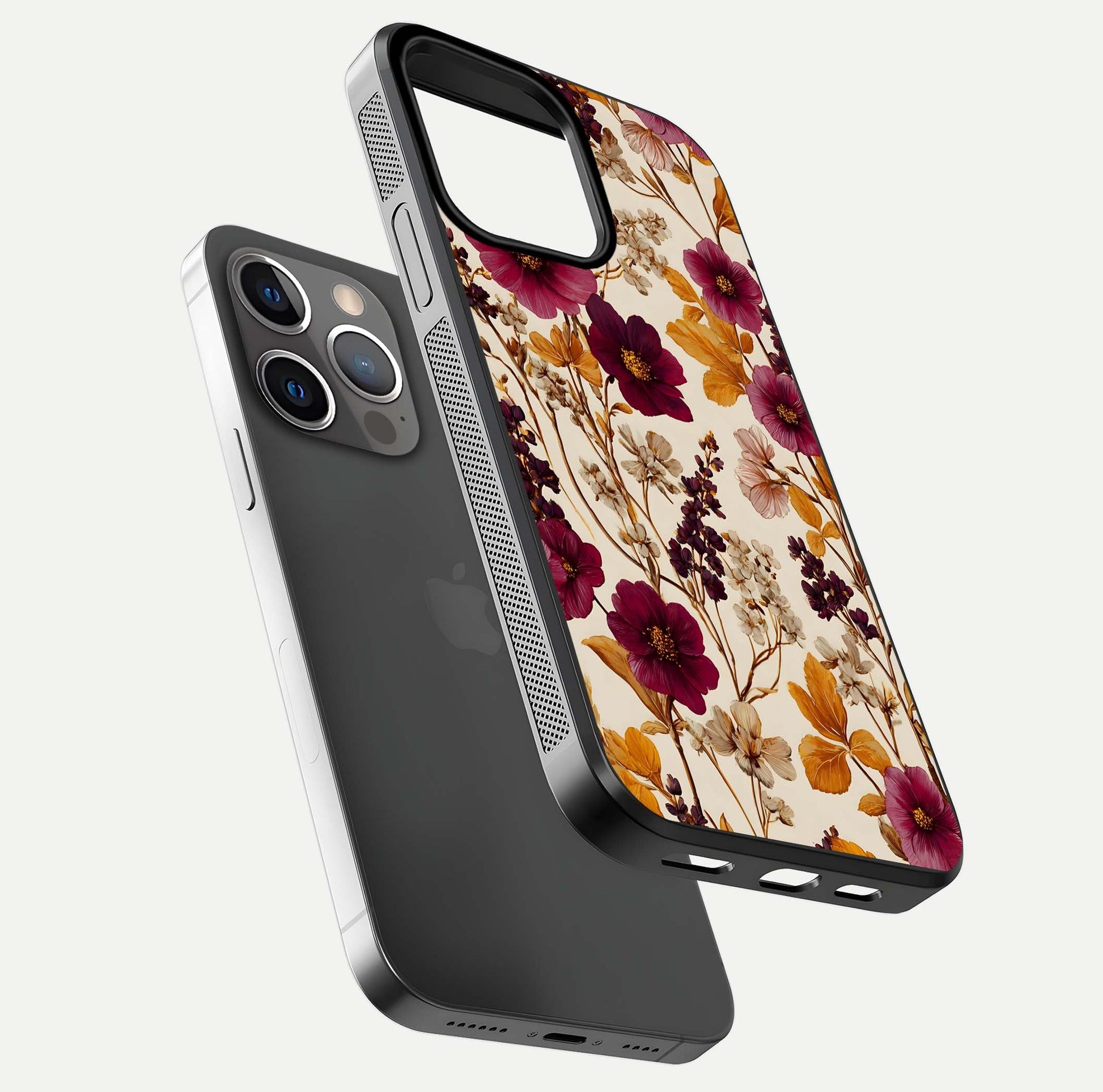 Autumn Wine Bloom Glass Case for iPhone 13 Pro floating mockup with premium floral gradient and protection edge