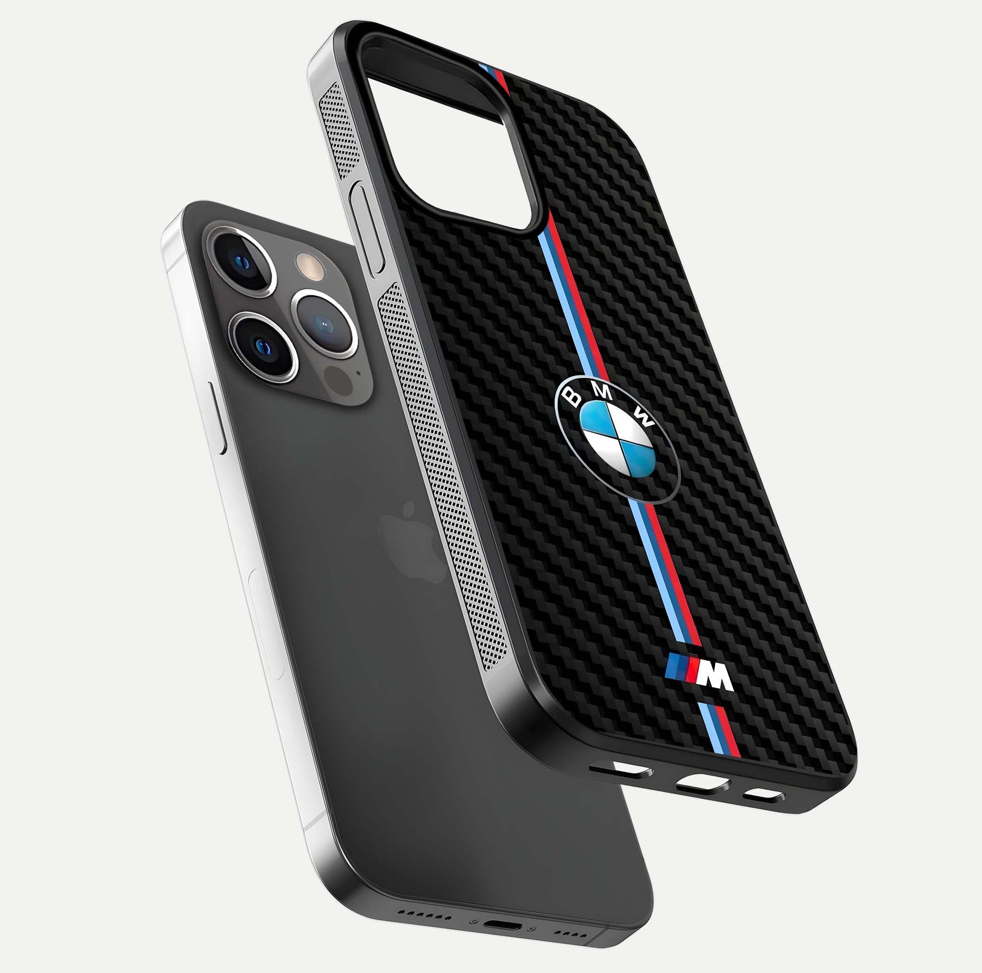 BMW Pattern Glass Case for iPhone 13 Pro floating mockup highlighting clean lines and metallic accent reflection