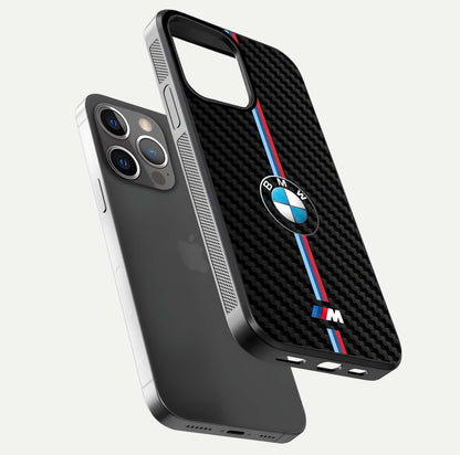 BMW Pattern Glass Case for iPhone 13 Pro floating mockup highlighting clean lines and metallic accent reflection