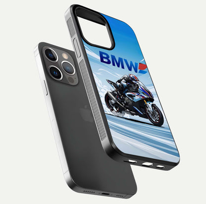 BMW Power Drift Glass Case for iPhone 13 Pro floating mockup displaying bold drift artwork and glossy polish