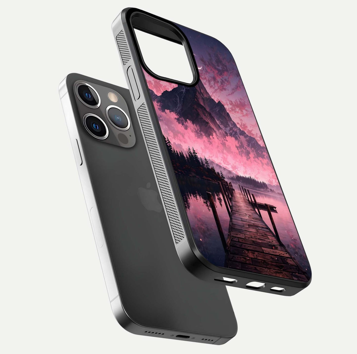 Beautyful Mountain View Glass Case for iPhone 13 Pro floating dual mockup showing edges and reflective sky print