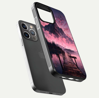 Beautyful Mountain View Glass Case for iPhone 13 Pro floating dual mockup showing edges and reflective sky print