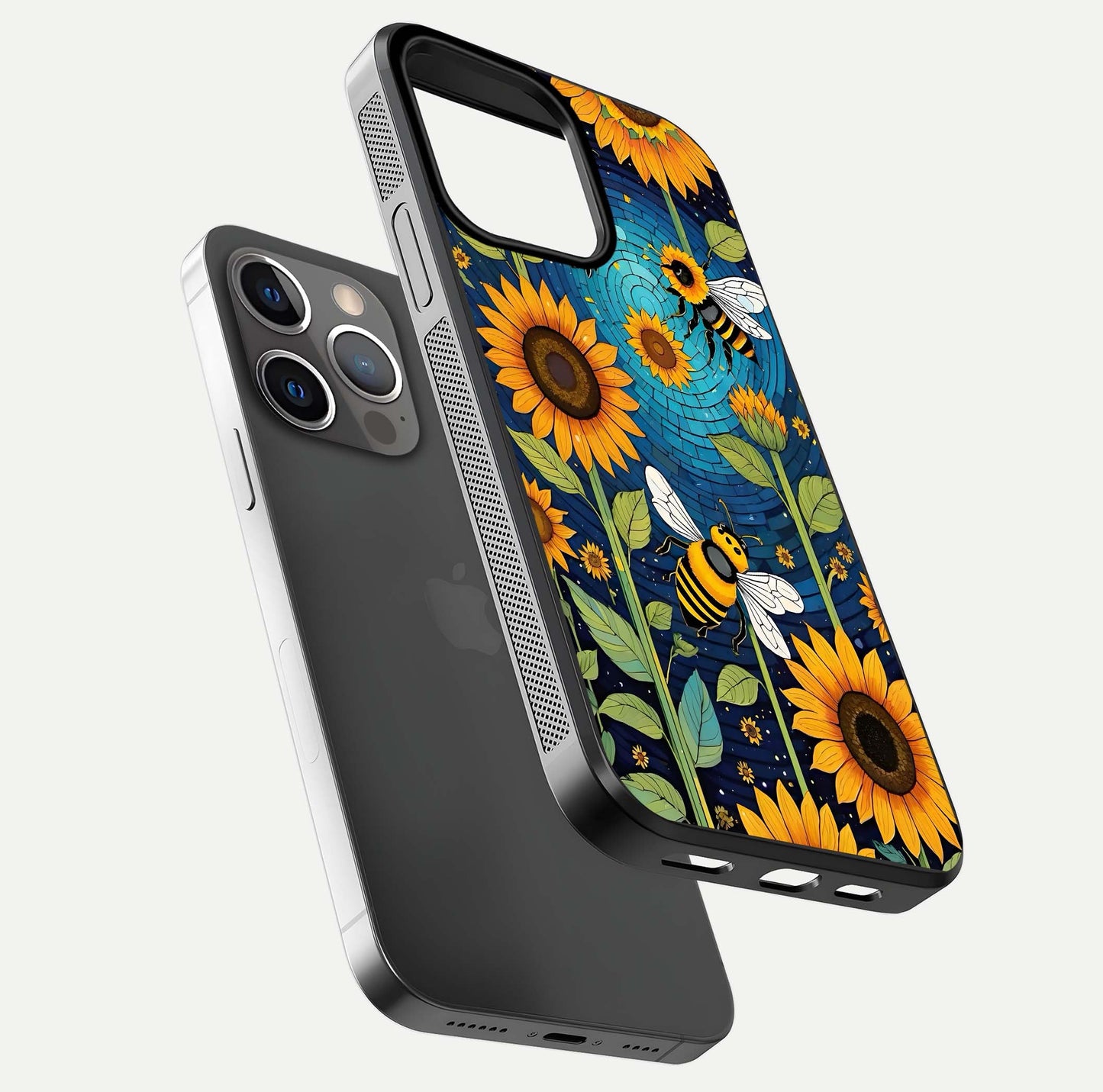 Bees & Sunflowers Glass Case for iPhone 13 Pro floating dual-view mockup displaying vibrant yellow tones and gloss texture