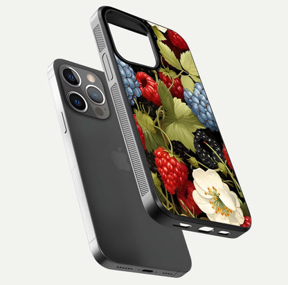 Berry Bloom Charm Glass Case for iPhone 13 Pro floating mockup capturing glossy reflection and curved-edge finish