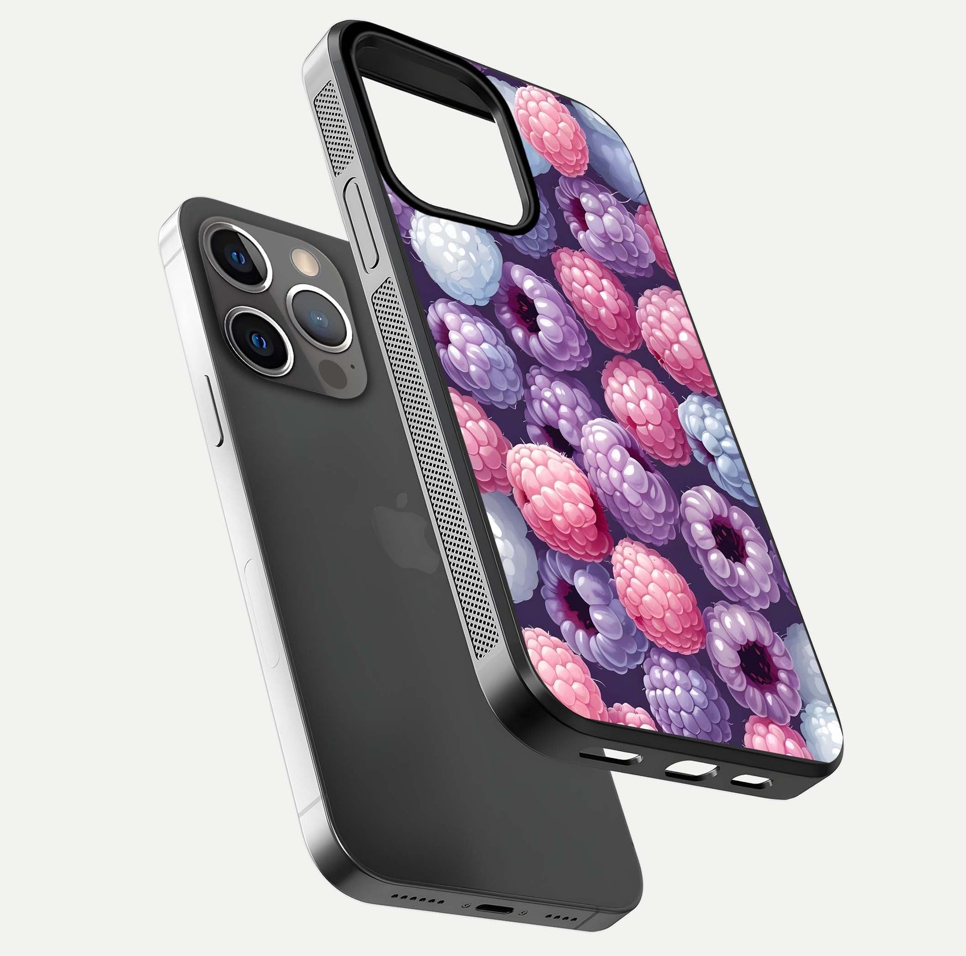 Berry Candy Pop Glass Case for iPhone 13 Pro floating dual-view mockup highlighting gloss shine and curved edges