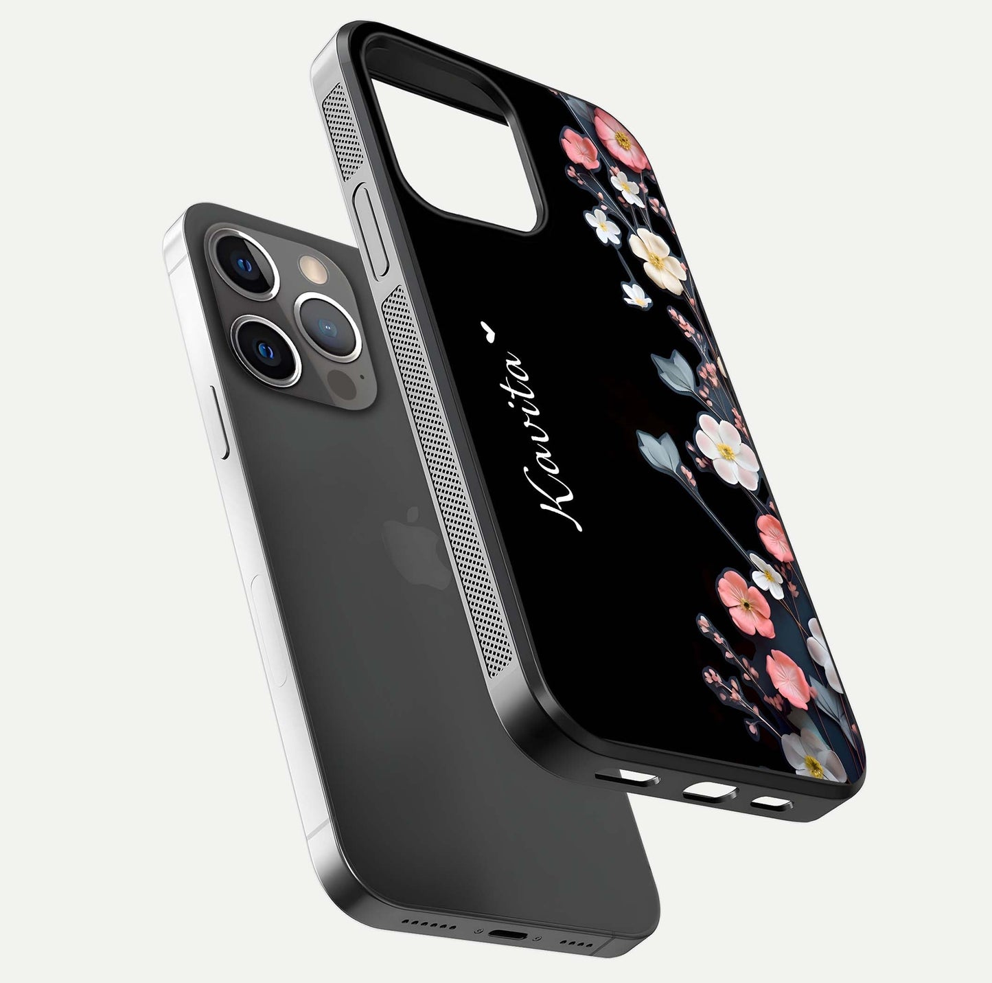 Black Elegance Floral Custom Name Glass Case for iPhone 13 Pro floating mockup emphasizing premium shine and floral art