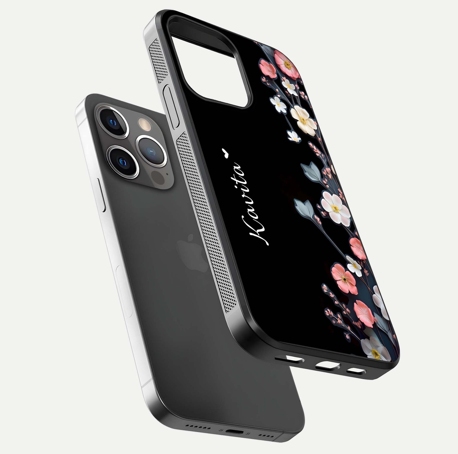 Black Elegance Floral Custom Name Glass Case for iPhone 13 Pro floating mockup emphasizing premium shine and floral art