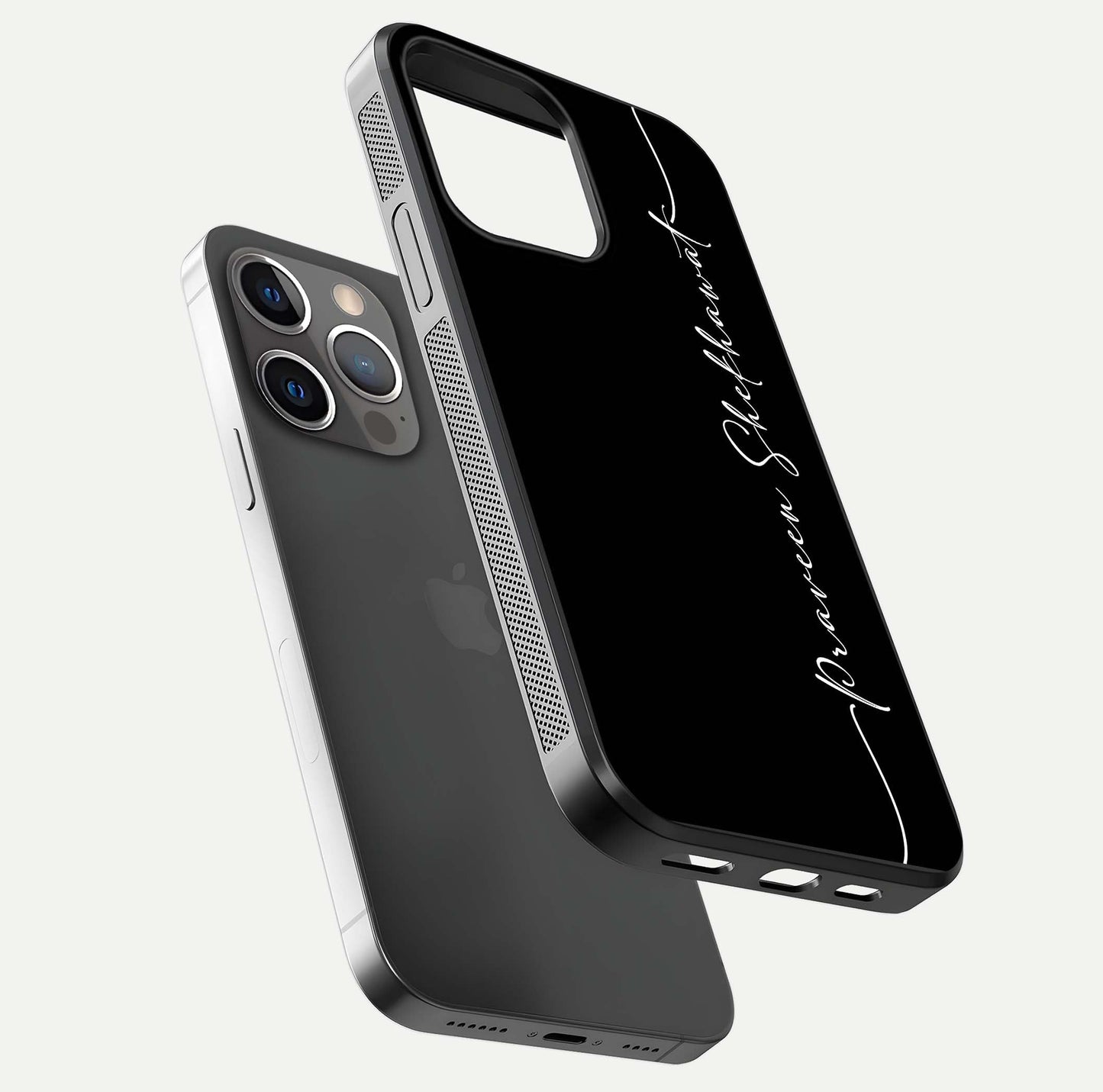Black Tune Custom Name Glass Case for iPhone 13 Pro floating dual-view mockup emphasizing modern glossy texture