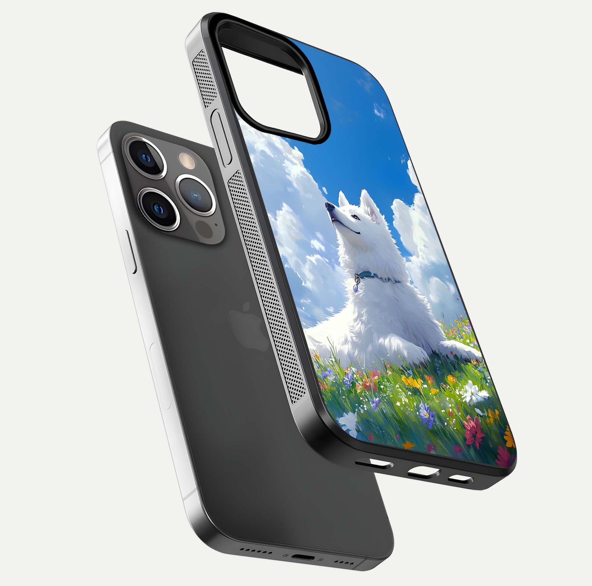 Blissful Cloud Pup Glass Case for iPhone 16 Pro floating mockup capturing playful aesthetic and gloss finish