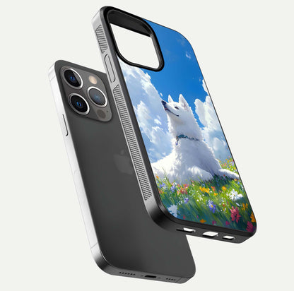 Blissful Cloud Pup Glass Case for iPhone 16 Pro floating mockup capturing playful aesthetic and gloss finish