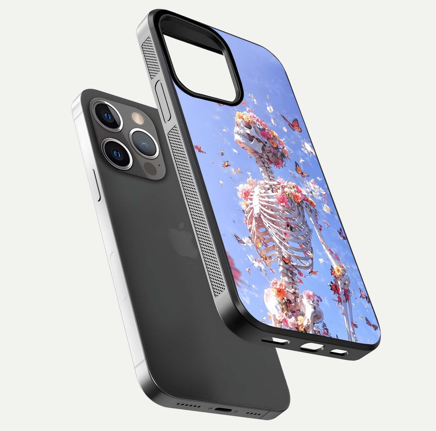 Bloom Beyond Bones Glass Case for iPhone 13 Pro floating mockup displaying shine, texture, and gloss detail