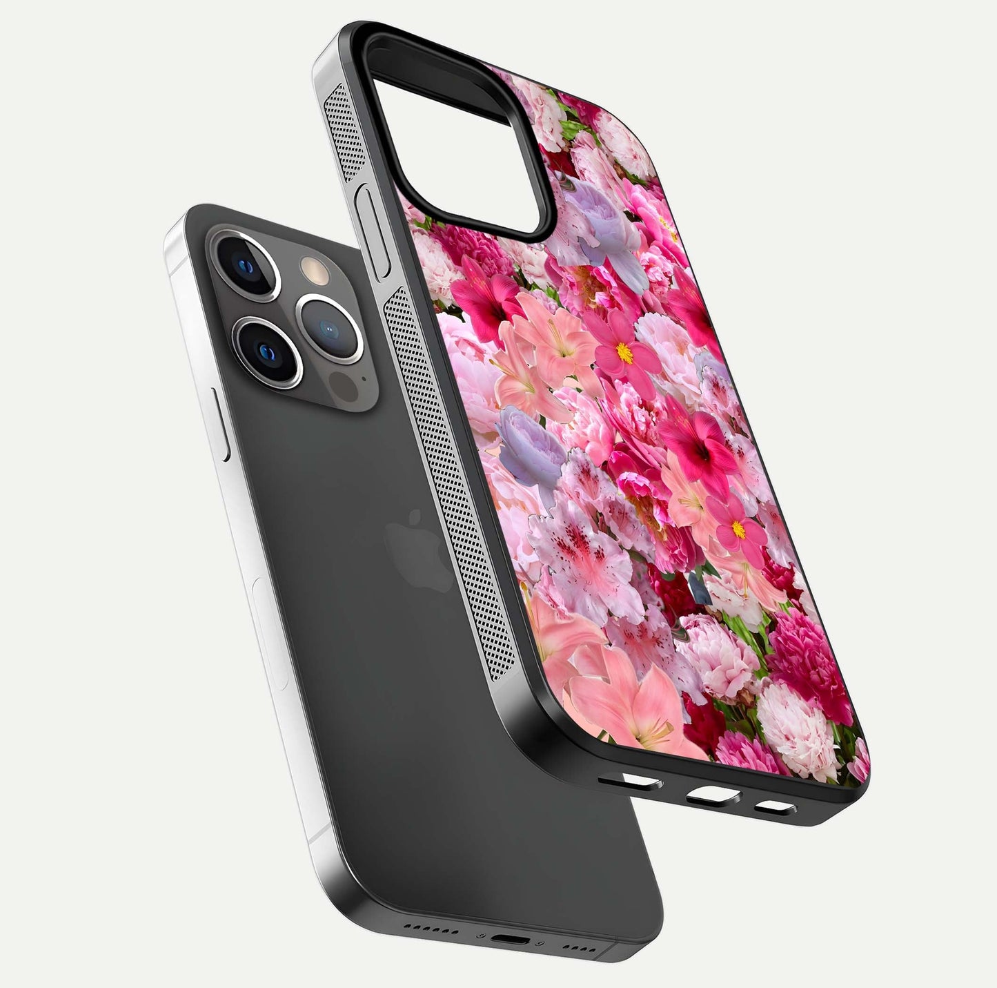 Bloom Crush Fantasy Glass Case for iPhone 13 Pro floating mockup showing floral pattern clarity and HD glass