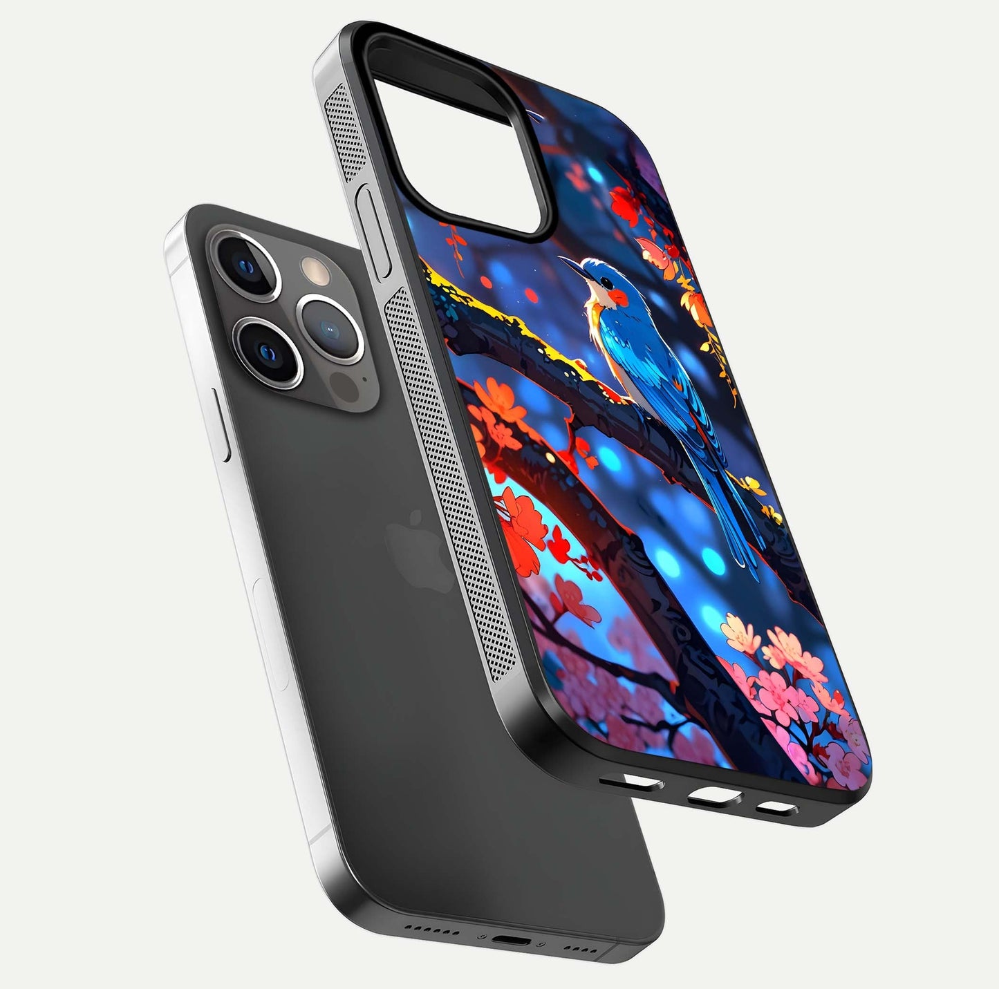 Blooming Spendor Bird Glass Case for iPhone 13 Pro floating dual-mockup capturing gloss tone and curved texture