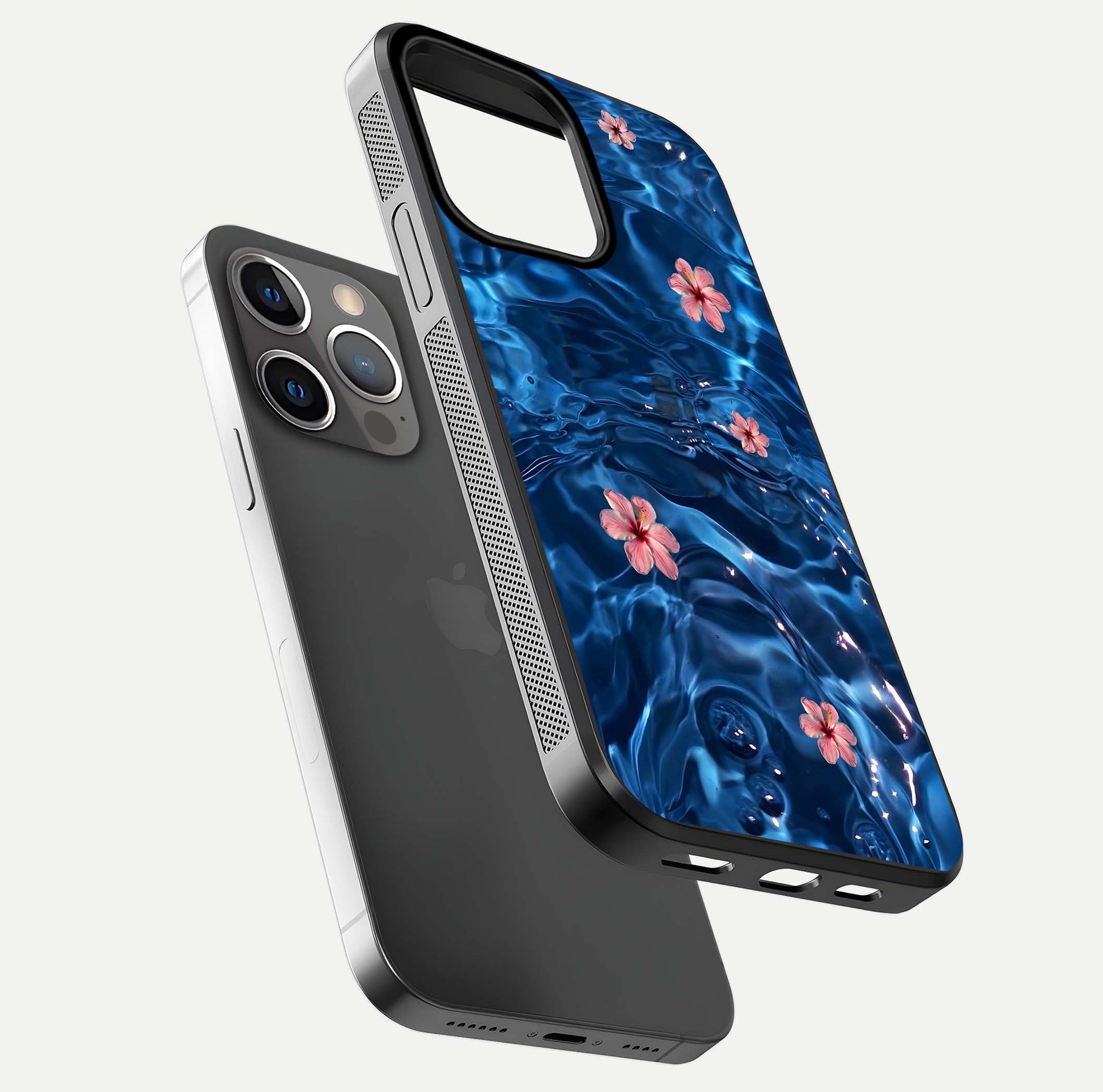 Blooming Water Drift Glass Case for iPhone 13 Pro floating dual-view mockup showing floral drift pattern and reflective surface