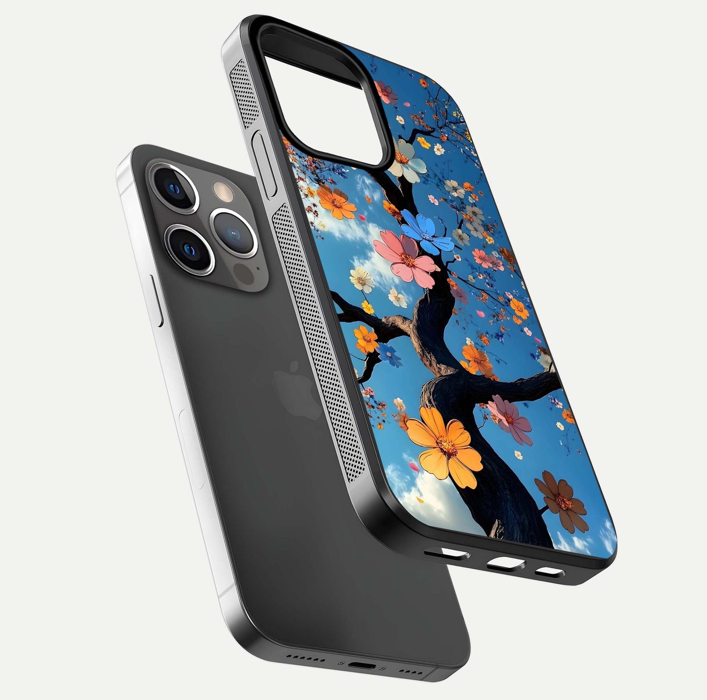Blossom Dream Sky Glass Case for iPhone 13 Pro floating dual-mockup displaying smooth finish and elegant sky tones