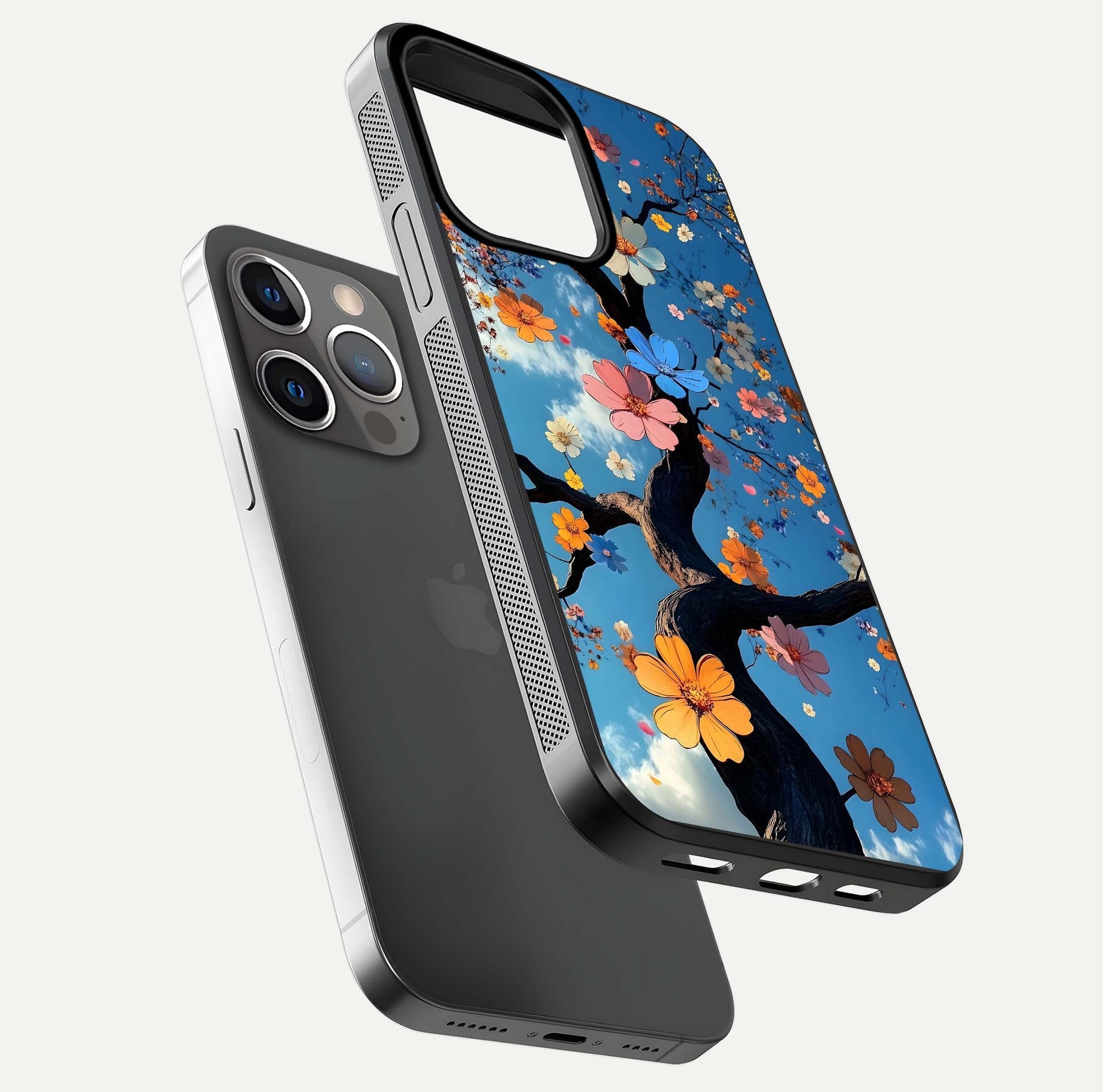 Blossom Dream Sky Glass Case for iPhone 13 Pro floating dual-mockup displaying smooth finish and elegant sky tones