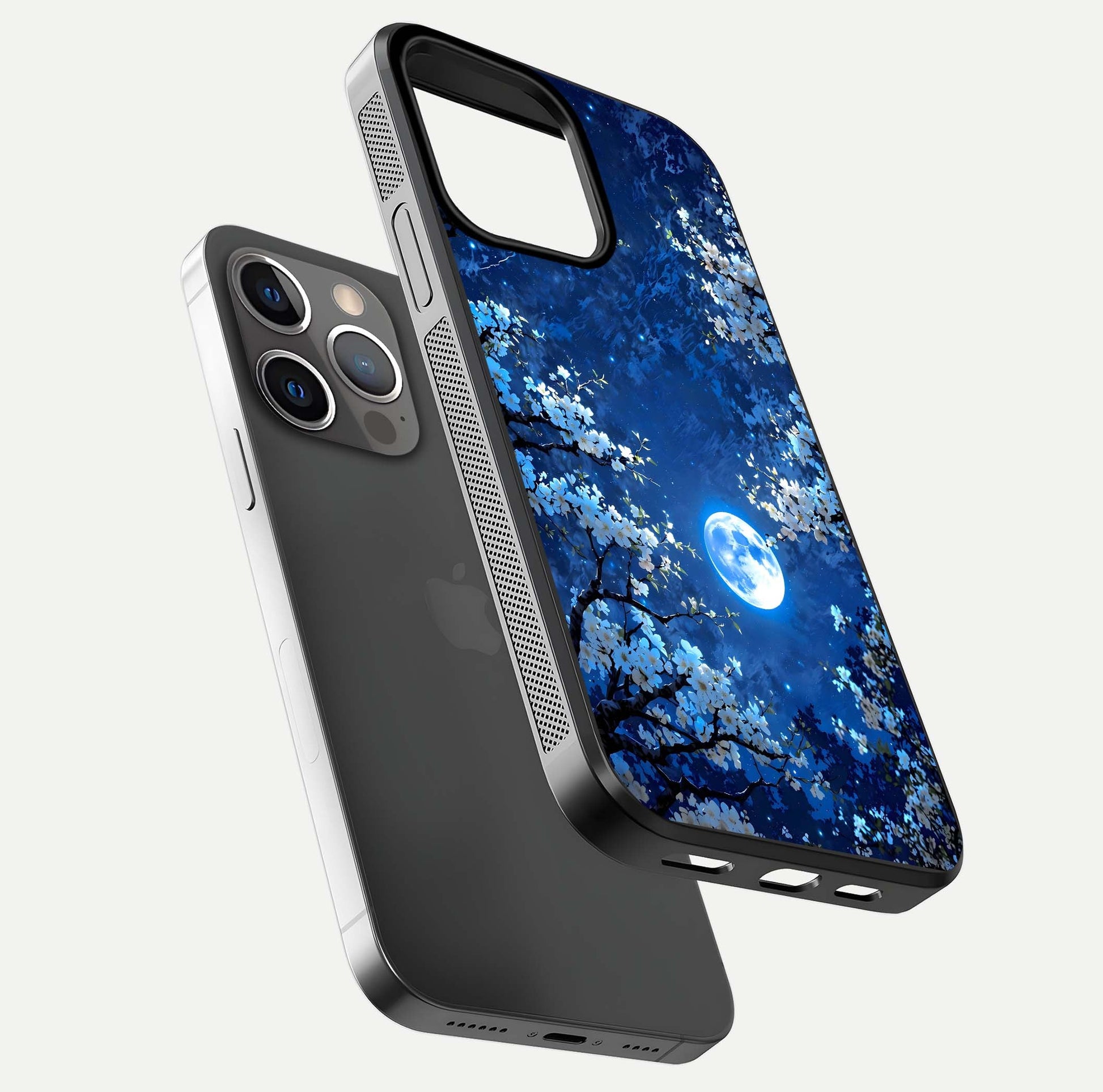 Blossom Moonlight Sky Glass Case for iPhone 13 Pro floating mockup showing glowing moon accent and HD gloss texture